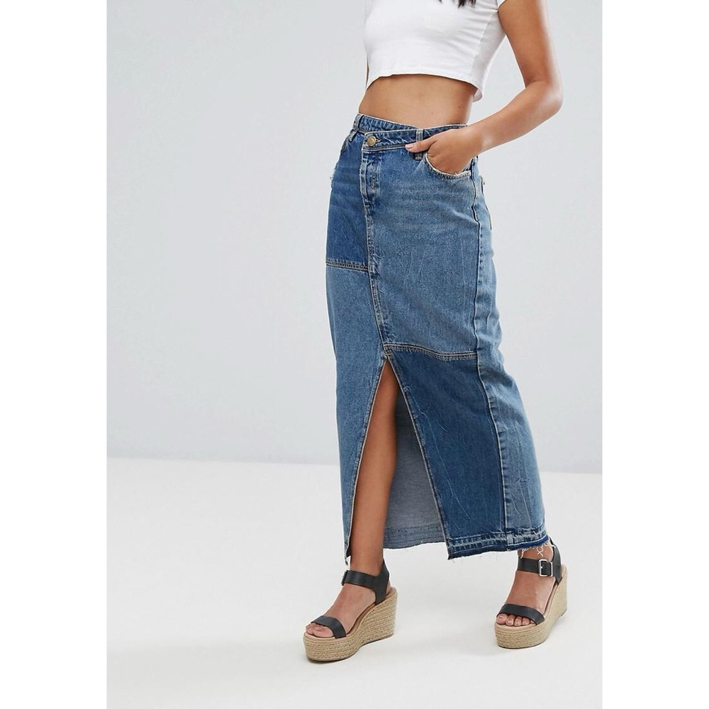 Denim Maxi Skirt with Front Slit